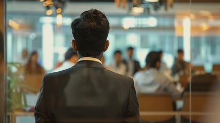 Fototapeta premium Business Presentation in Progress: executive Delivering Powerful Business Speech to Crowded Suited Audience in Office Setting