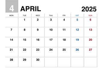 2025年4月のカレンダー月曜始まり日本の祝日表記無し
