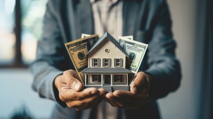 Businessman holding house model with dollar bills, real estate investment