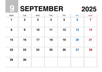 2025年9月のカレンダー月曜始まり日本の祝日表記無し
