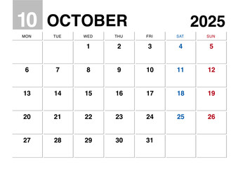 2025年10月のカレンダー月曜始まり日本の祝日表記無し
