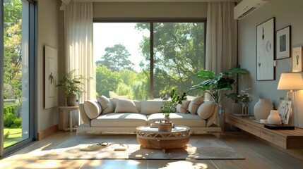 A living room with a white couch, a coffee table, and a vase
