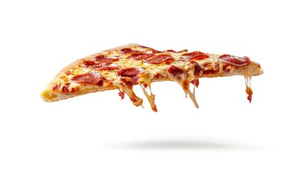 Cheesy flying pizza slice with pepperoni, isolated on a white background