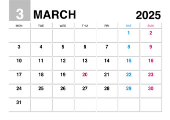 2025年3月のカレンダー月曜始まり
