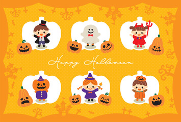 ハロウィンの仮装をする子供達のイラストセット