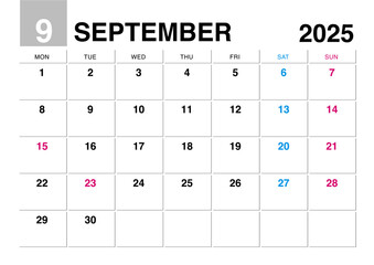 2025年9月のカレンダー月曜始まり