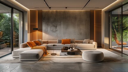 A modern living room with a large white couch and a tan ottoman