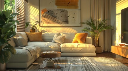 A living room with a white couch, a coffee table, and a potted plant