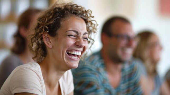 Joyful Laughter in a Colorful Comedy Therapy Session - Positive Group Therapy Concept in Playful Environment