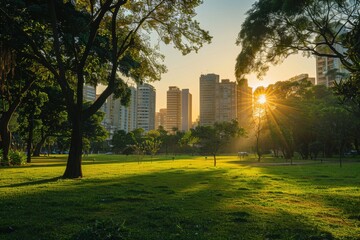 Obraz premium Urban Oasis: Sunset Through Trees in a City Park