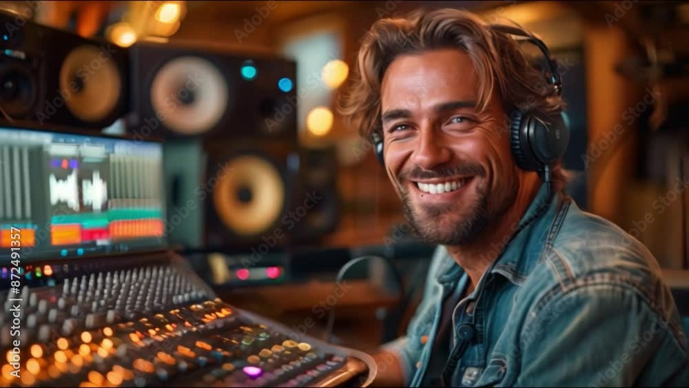 Poster this smiling music producer works in a recording studio. podcast and streaming concept