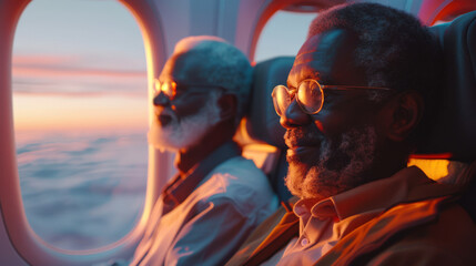 A black elderly gay couple is flying on a plane at sunset. Men with glasses are sitting at the porthole and enjoying the view from the window. Friends went on vacation