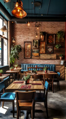 Fototapeta premium Charming Rustic Bistro Featuring Wooden Decor and Chalk Art Specials with Well-Stocked Drinks Counter
