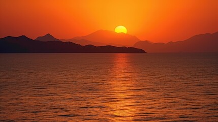 Stunning Sunset Over Mountainous Horizon with Golden Reflections on Calm Sea
