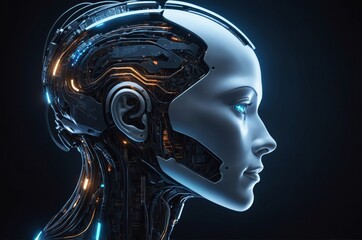 Close-up profile of futuristic cyborg head with glowing wires on black background