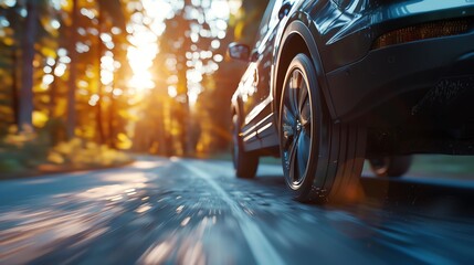 Naklejka premium Dynamic shot of car driving on a scenic forest road with sunlight glinting, evoking adventure and freedom in nature.