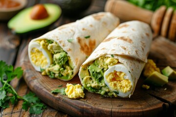 Avocado, Egg, and Parsley Wraps on Rustic Wooden Board