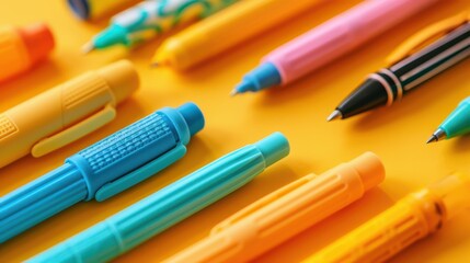 A row of colorful pens are lined up on a yellow background