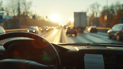 Naklejka premium View from inside a car driving on a busy highway during sunrise. Vehicles are visible ahead with a warm, glowing sun in the background.
