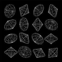 Wireframe lined shapes. Perspective mesh, 3d grid. Low poly geometric elements. Retro futuristic design elements, y2k, vaporwave and synthwave style. Vector illustration