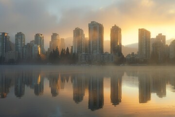 Sunrise Reflection on City Skyline