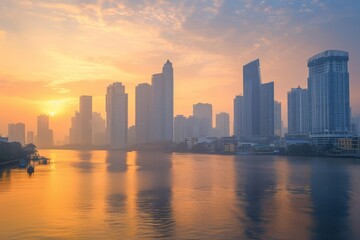Fototapeta premium Golden Hour Skyline Reflection on River
