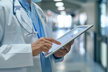 A dedicated doctor reviewing patient charts on a digital tablet in a modern hospital, symbolizing the integration of technology in healthcare for improved patient care