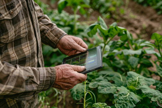 Hands of a farmer checking smart farming alerts on a tablet
