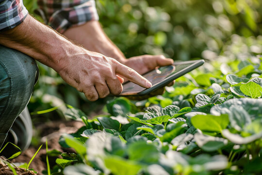 Hands of a farmer checking smart farming alerts on a tablet