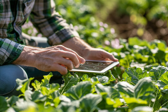 Hands of a farmer checking smart farming alerts on a tablet