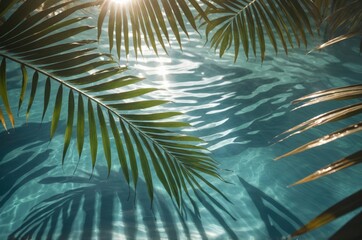 Palm frond hangs over sparkling blue water on sunny day beautiful glow on leaves