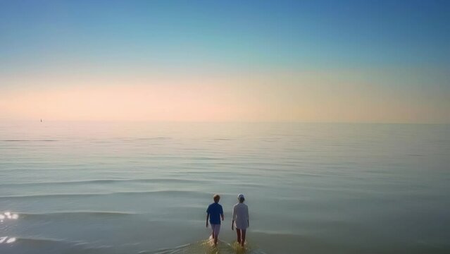 Two people walking in calm shallow water that looks like a dream. First Encounter Beach, Cape Cod, Massachusetts, United States of America.