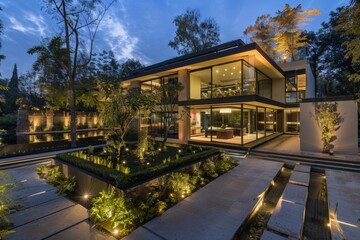 Obraz premium Modern Home with Lush Landscaping and Water Features