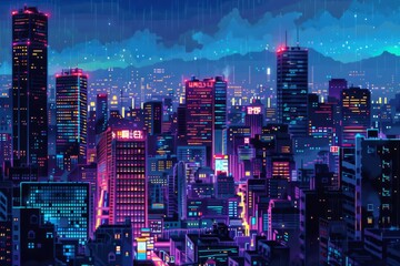 Fototapeta premium Neon Cityscape Under a Rainy Night