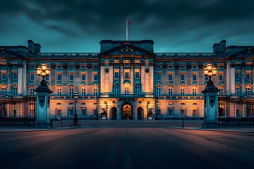 Fototapeta premium A large building lit up at night with lights on