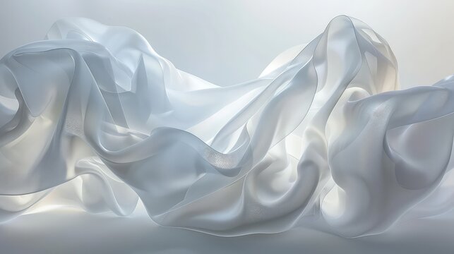 Ethereal veils of semi-opaque material, flowing and folding into abstract shapes, their edges glowing softly in a minimalist, white space.