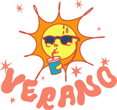 Ilustraci&oacute;n de un sol bebiendo tipo kawaii sudando con la palabra verano 