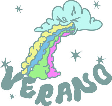 Ilustraci&oacute;n de una nube tipo kawaii vomitando arcoiris con la palabra verano 