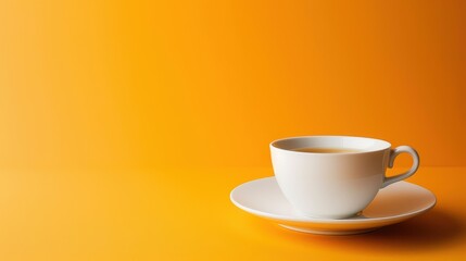 Obraz premium White Teacup on Vibrant Yellow Background, Minimalist Tea Break