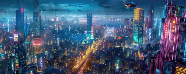 A vibrant futuristic city with neon lights, towering buildings, and flying vehicles against a cosmic backdrop. AIG59