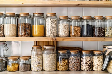 A Pantry Shelf Filled with Glass Jars of Various Grains and Beans