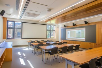 Modern Classroom Interior with Wooden Tables and Chairs