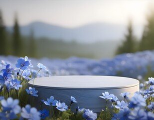beauty podium backdrop with spring blue flowers landscape scene