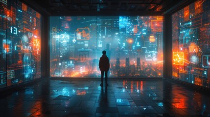 Fototapeta premium Futuristic Cityscape with Digital Overlay - Generative AI