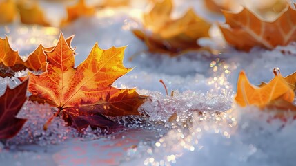 Glistening snowfields merging with the warm hues of autumn leaves in an abstract blend.