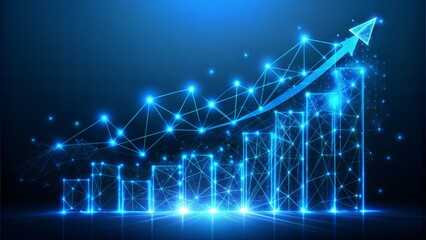Abstract blockchain hologram and growth graph chart consist of glowing arrows. Digital growing diagram. Cryptocurrency concept. Futuristic low poly wireframe vector illustration with 3D effect.
