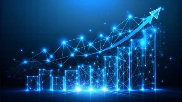 Abstract blockchain hologram and growth graph chart consist of glowing arrows. Digital growing diagram. Cryptocurrency concept. Futuristic low poly wireframe vector illustration with 3D effect.
