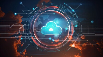 Obraz premium Cloud computing for data storage and transfer for safety, Cloud icon with data icon on the background world map, Futuristic technology global network data connection. 