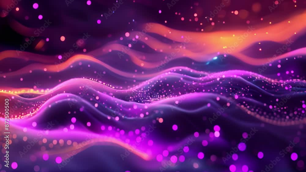 Aufkleber a digitally generated image depicting a landscape of purple and orange waves with glowing particles 