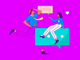 Virtual characters social communication concept business flat vector hand drawn illustration

